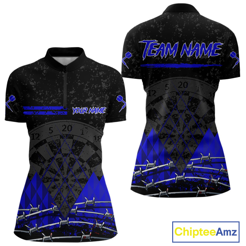 Barbed Wire & Grunge Dartboard Blue Darts Shirt  For Women - Custom Name For Players NYN0547