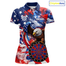 Load image into Gallery viewer, Smoke American Flag women's dart polo shirt custom patriotic dart team jersey, professional dart uniform, custom name dart shirt, competitive dart apparel