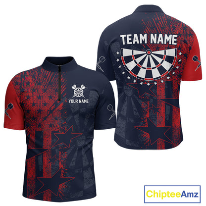 US Flag Grunge Star Dartboard Men's Darts Quarter-Zip Shirt - Custom Name For Players NYN0755