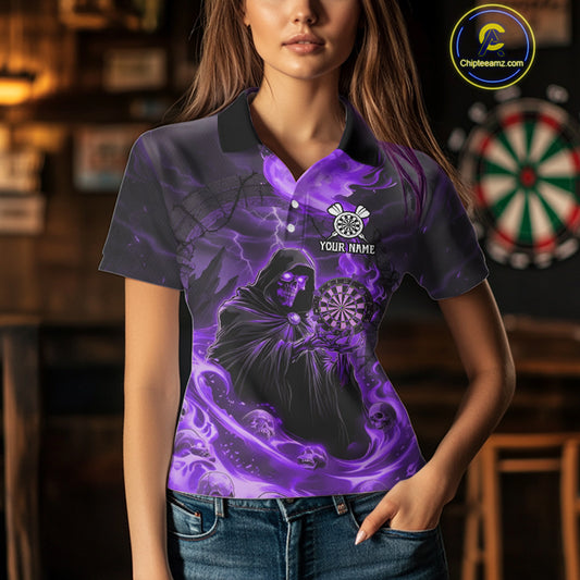 Custom Purple Grim Reaper Fire Flames Dart Women Polo Jerseys Outfits Skull Dart Shirt NYN1683