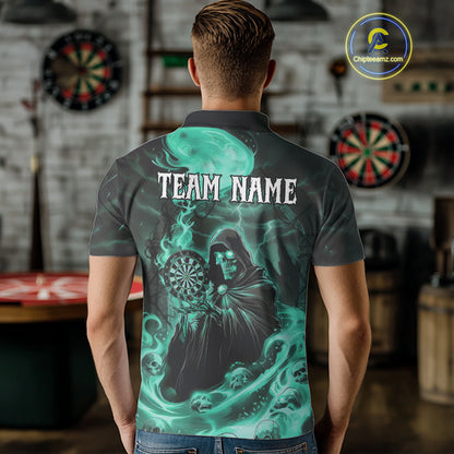 Custom Turquoise Grim Reaper Fire Flames Dart Men Polo Jerseys Outfits Skull Dart Shirt NYN1684