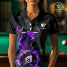 Load image into Gallery viewer, Black &amp; Purple Flames Pool 8 Ball Women's Billiard Team Shirt Custom Funny Bull Billiard Attire NYN2502
