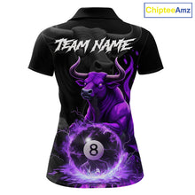 Load image into Gallery viewer, Black &amp; Purple Flames Pool 8 Ball Women's Billiard Team Shirt Custom Funny Bull Billiard Attire NYN2502