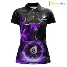 Load image into Gallery viewer, Black &amp; Purple Flames Pool 8 Ball Women's Billiard Team Shirt Custom Funny Bull Billiard Attire NYN2502