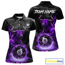 Load image into Gallery viewer, Black &amp; Purple Flames Pool 8 Ball Women's Billiard Team Shirt Custom Funny Bull Billiard Attire NYN2502