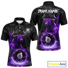 Load image into Gallery viewer, Black &amp; Purple Flames Pool 8 Ball Men's Billiard Team Shirt Custom Funny Bull Billiard Attire NYN2502