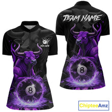 Load image into Gallery viewer, Black &amp; Purple Flames Pool 8 Ball Women's Billiard Team Shirt Custom Funny Bull Billiard Attire NYN2502