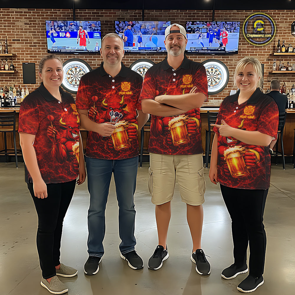 Red|Funny Bull & Beer Thunder Lightning Dart Polo Shirts For Men Custom Name For Darters NYN2698