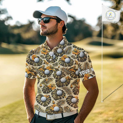 Personalized Tropical Yellow Monstera And Golfs Pattern Custom Golf Polo Shirt For Men Golf Team Clothes NYN2865