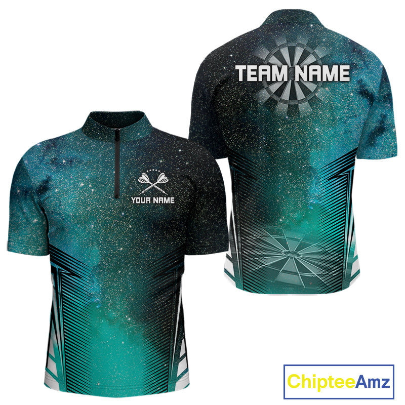 Custom Men's Darts Team Shirt With Cosmic Teal Gradient & Abstract Dartboards NYN0287