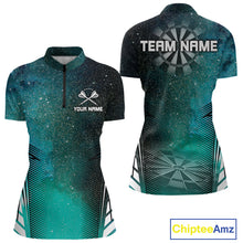 Load image into Gallery viewer, Custom Women's Darts Team Shirt With Cosmic Teal Gradient &amp; Abstract Dartboards NYN0287