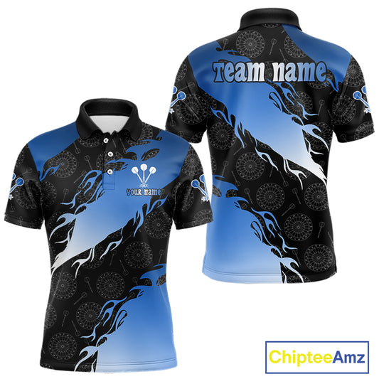 Custom Men's Darts Shirt With Cobalt Flames & Black Dartboard Pattern, Darts Jersey NYN0291