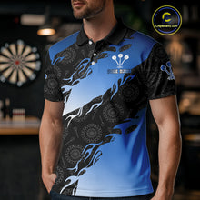 Load image into Gallery viewer, Custom Men's Darts Shirt With Cobalt Flames &amp; Black Dartboard Pattern, Darts Jersey NYN0291