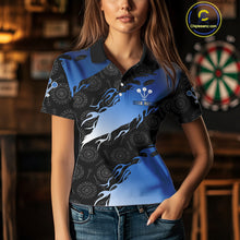 Load image into Gallery viewer, Custom Women's Darts Shirt With Cobalt Flames &amp; Black Dartboard Pattern, Darts Jersey NYN0291