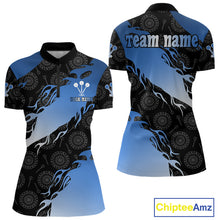 Load image into Gallery viewer, Custom Women's Darts Shirt With Cobalt Flames &amp; Black Dartboard Pattern, Darts Jersey NYN0291