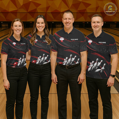 Black And Red Grunge Bowling Ball & Pins Jersey For Men Personalized Team Bowling Shirts NYN3227