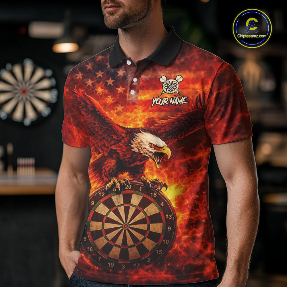 US Flag Eagle Flame Dartboard Darts Polo Shirts For Men Custom Patriotic Dart Team Jerseys NYN2507