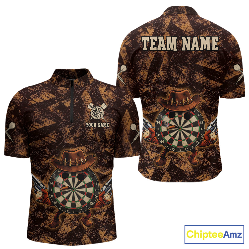 Funny Dartboard Cowhand Men Darts Quarter-Zip Shirt Personalized Brown Grunge Dart Team Jerseys NYN2510