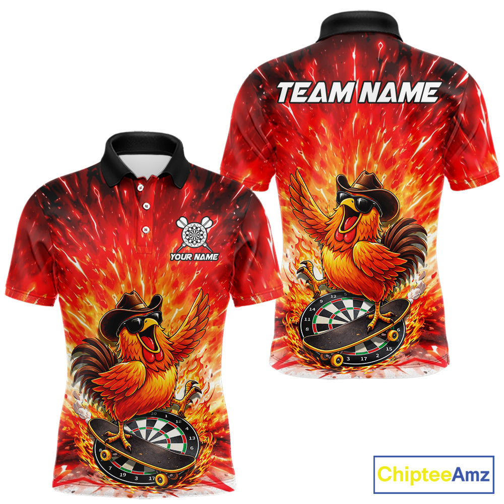 Mens Darts Funny Rooster Red Flames Polo Shirt Custom Name Polo Quarter Zip Shirt Gift For Darters NYN2857