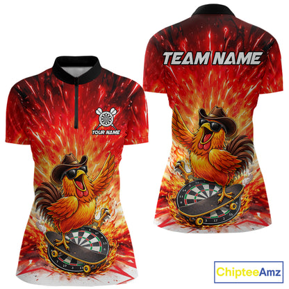 Womens Darts Funny Rooster Red Flames Polo Shirt Custom Name Polo Quarter Zip Shirt Gift For Darters NYN2857