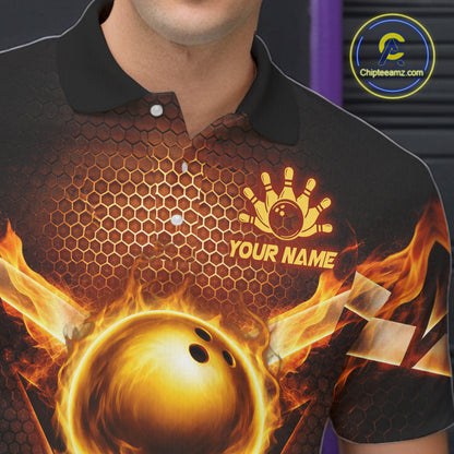 Custom Fire Flame Bowling Jerseys For Men, Personalized Bowling Pin & Ball Team Shirts | Yellow NYN3069