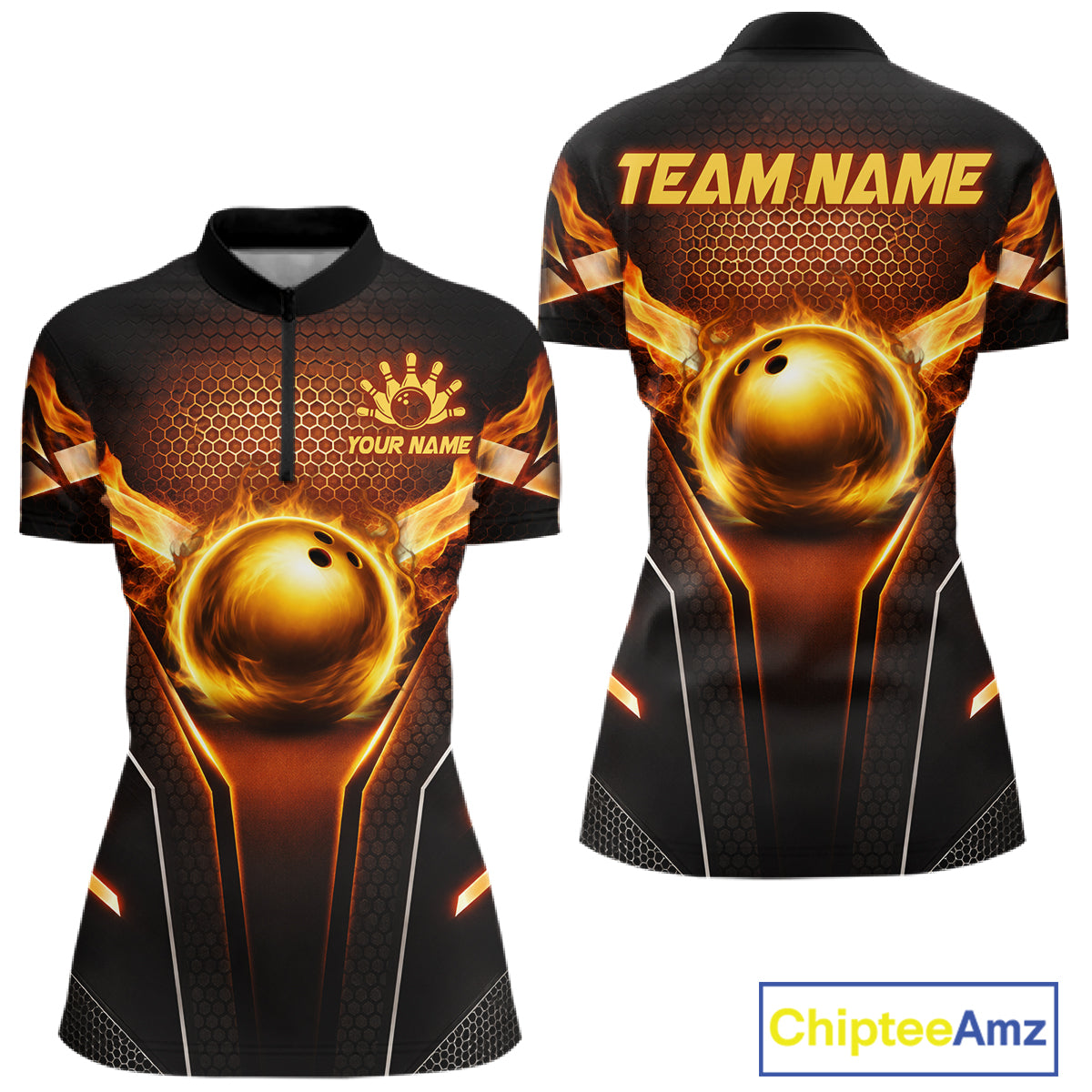 Custom Fire Flame Bowling Jerseys For Women, Personalized Bowling Pin & Ball Team Shirts | Yellow NYN3069