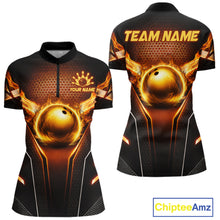 Load image into Gallery viewer, Custom Fire Flame Bowling Jerseys For Women, Personalized Bowling Pin &amp; Ball Team Shirts | Yellow NYN3069