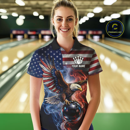 Personalized Fire Flame USA Flag Eagle Bowling Team Shirts For Women Outfits Patriotic Bowling Gifts NYN3073