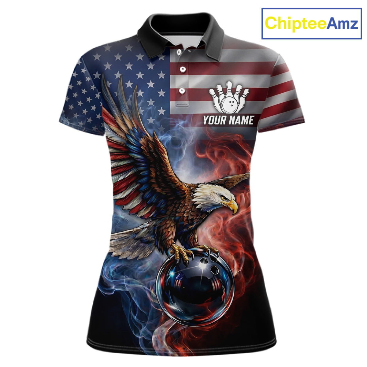 Personalized Fire Flame USA Flag Eagle Bowling Team Shirts For Women Outfits Patriotic Bowling Gifts NYN3073