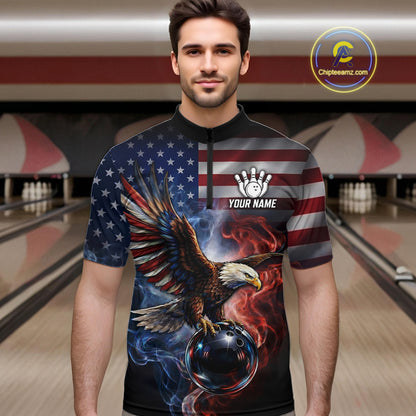 Personalized Fire Flame USA Flag Eagle Bowling Team Shirts For Men Outfits Patriotic Bowling Gifts NYN3073