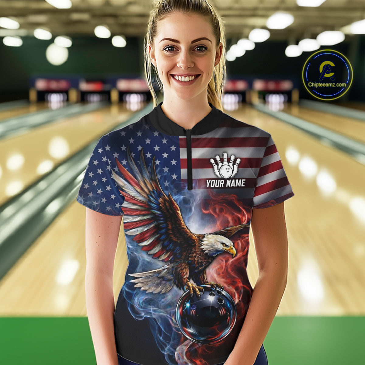 Personalized Fire Flame USA Flag Eagle Bowling Team Shirts For Women Outfits Patriotic Bowling Gifts NYN3073