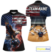 Load image into Gallery viewer, Personalized Fire Flame USA Flag Eagle Bowling Team Shirts For Women Outfits Patriotic Bowling Gifts NYN3073