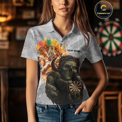 Women's Custom Darts Shirt With Death Reaper Fiery Dartboard & Lightning Effect NYN0295
