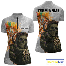 Load image into Gallery viewer, Women's Custom Darts Shirt With Death Reaper Fiery Dartboard &amp; Lightning Effect NYN0295