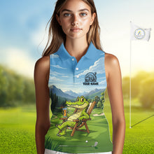 Load image into Gallery viewer, Funny Crocodile Golf Course Golf Sleeveless Polo Shirts For Women Personalized Team Name Golf Attire NYN3250