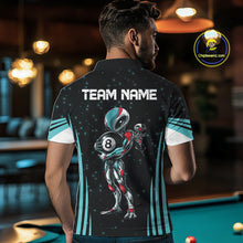 Load image into Gallery viewer, Male billiards player wearing Funny Alien 8 Ball turquoise galaxy pool jersey during league tournament, custom cue sports apparel