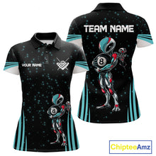 Load image into Gallery viewer, Funny Alien 8 Ball women's billiard polo shirt custom turquoise galaxy pool jersey, personalized billiards team uniform, 8 ball pool shirt, custom cue sports apparel