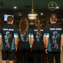 Load image into Gallery viewer, Men women billiard team wearing Funny Alien 8 Ball turquoise galaxy custom pool uniforms, professional 8 ball team jerseys