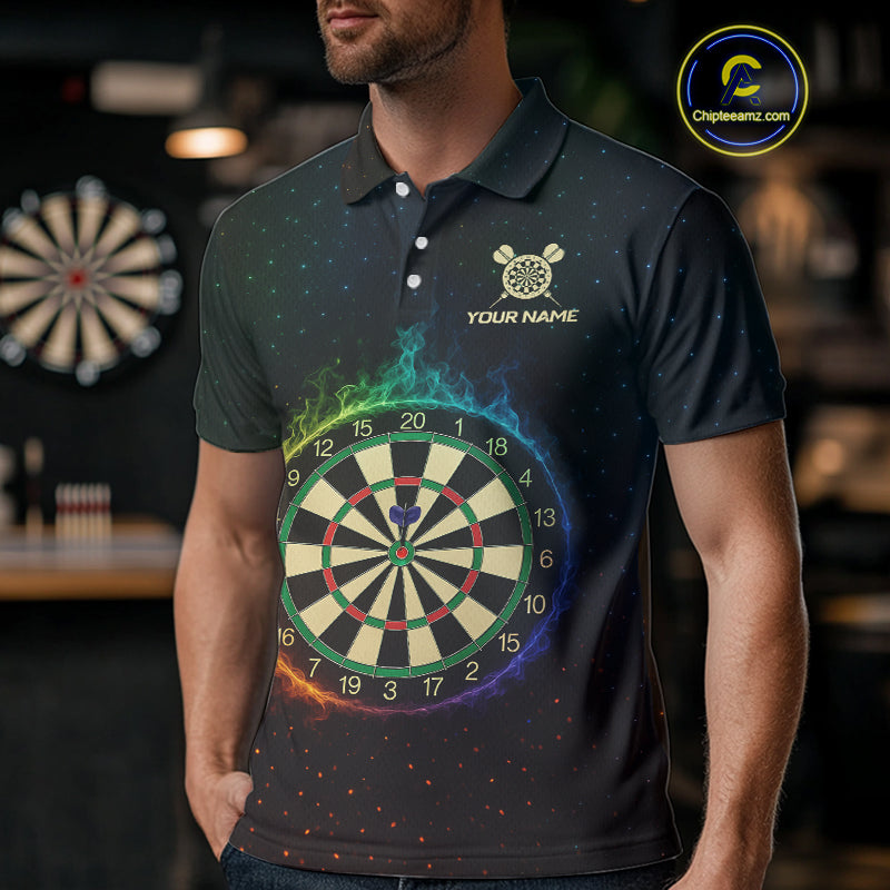 Custom Flames Skull Rainbow Dartboard Dart Men Polo Jerseys Colorful Dart Team Shirt NYN1697