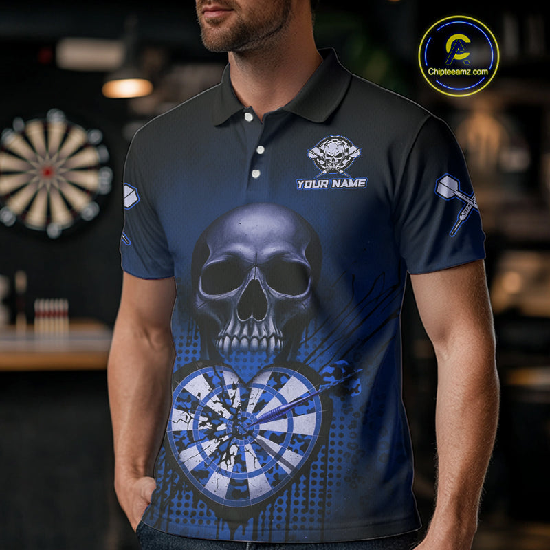 Black And Blue Skull Camo Heart Dartboard Darts Polo Shirt For Men Grunge Dart Jerseys NYN1964
