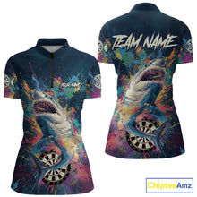 Load image into Gallery viewer, Personalized Multi-Color Splatter Funny Shark Women Darts Quarter-Zip League Shirts Dart Jerseys NYN2217