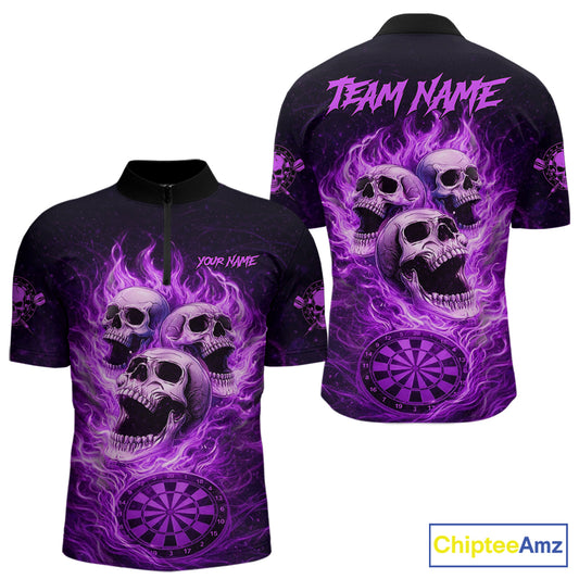 Purple Skulls Fire Flame Dartboard Darts Quarter-zip Shirt For Men Personalized Dart Team Jerseys NYN2517