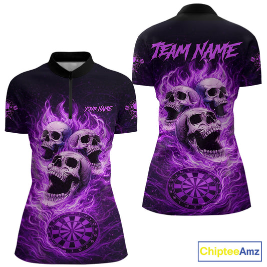 Purple Skulls Fire Flame Dartboard Darts Quarter-zip Shirt For Women Personalized Dart Team Jerseys NYN2517