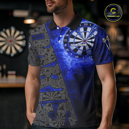 Custom Mens Dart Polo & Quarter Zip Shirt Pattern Dartboard Blue Flames Darts Team Jersey NYN2867