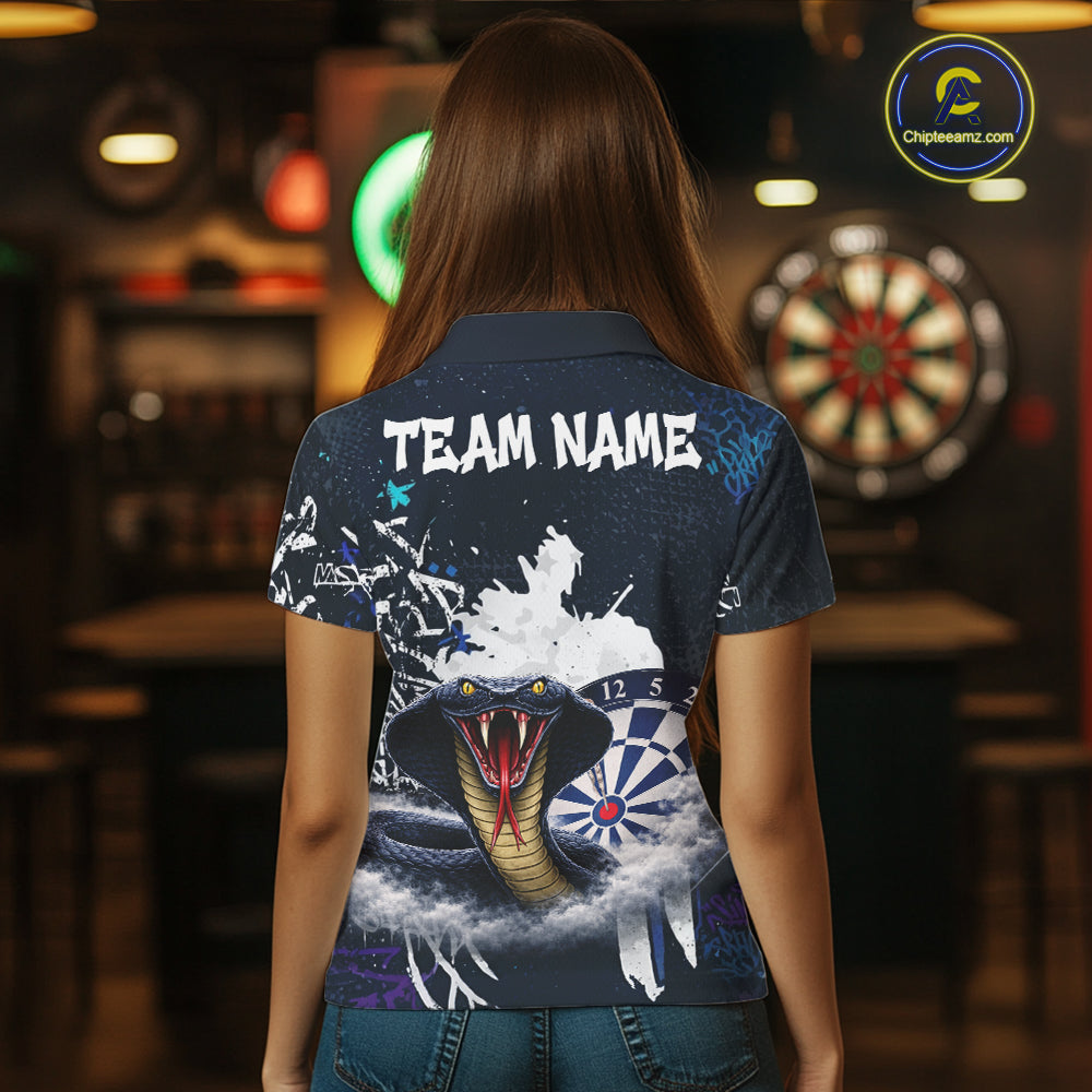 Funny Blue Smoke Cobra Women Darts Polo & Quarter-Zip Shirt Custom Graffiti Dart Team Jerseys NYN3078