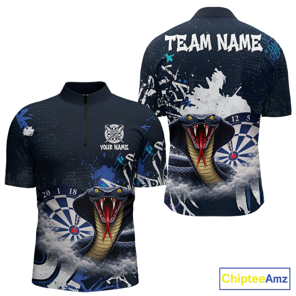 Funny Blue Smoke Cobra Men Darts Polo & Quarter-Zip Shirt Custom Graffiti Dart Team Jerseys NYN3078