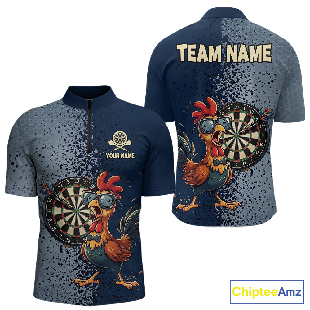 Blue Hexagon Splatter Funny Rooster Darts Polo & 1/4-Zip Shirt Custom Dart Jersey For Men NYN3082