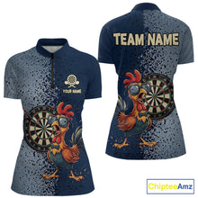 Load image into Gallery viewer, Blue Hexagon Splatter Funny Rooster Darts Polo &amp; 1/4-Zip Shirt Custom Dart Jersey For Women NYN3082