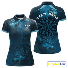 Load image into Gallery viewer, Women’s Team Darts Shirt With Dark Navy Wolves And Grunge Dartboard Pattern NYN0306