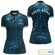 Load image into Gallery viewer, Women’s Team Darts Shirt With Dark Navy Wolves And Grunge Dartboard Pattern NYN0306